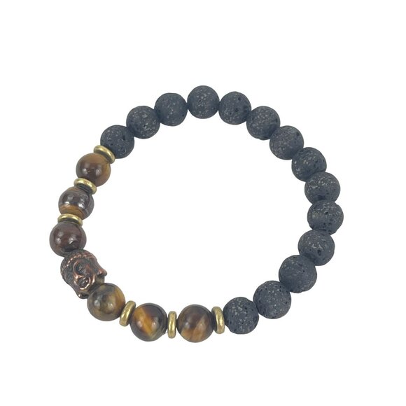 Buddha Copper Lava Rock and Tiger Eye Beaded Bracelet - Picture 2 of 7